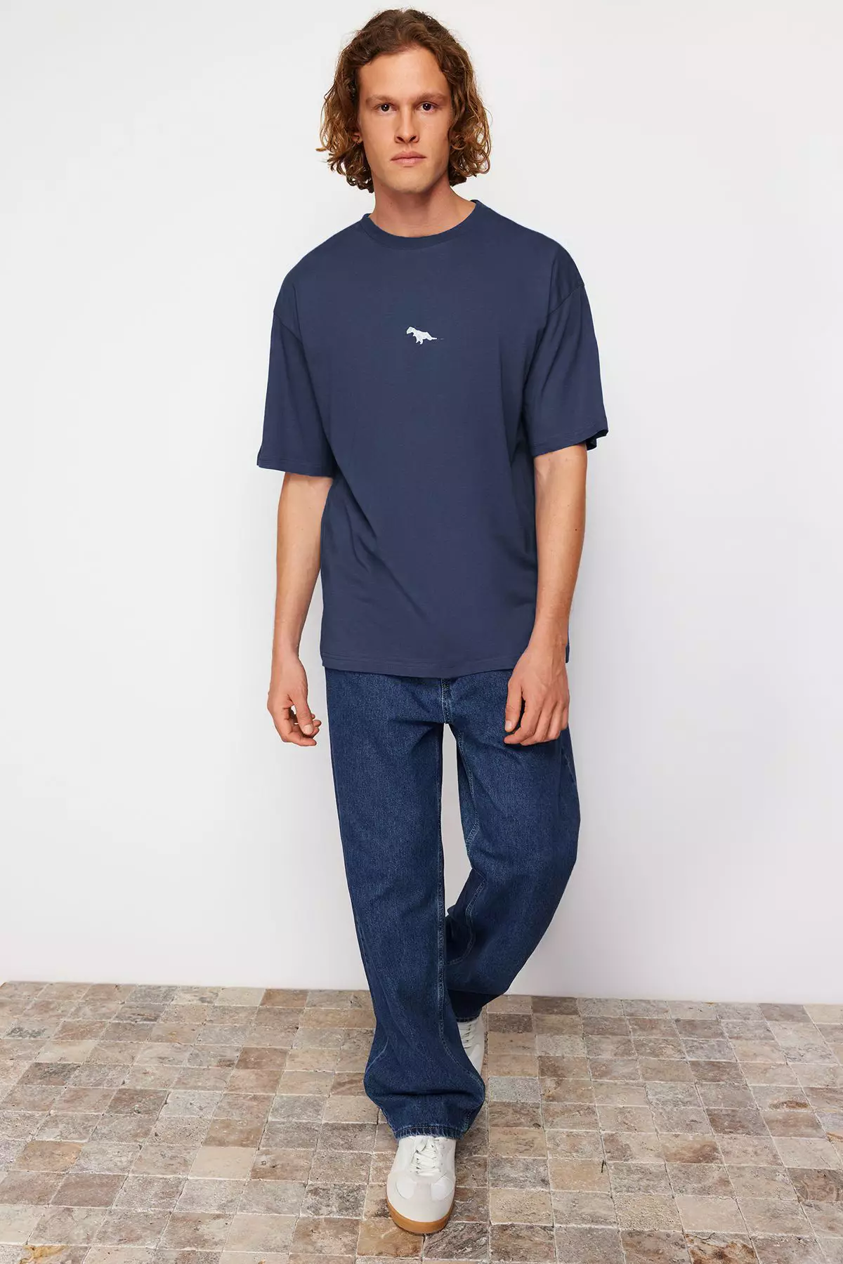 Oversize/Wide Cut Short Sleeve Dinosaur Embroidered T-Shirt