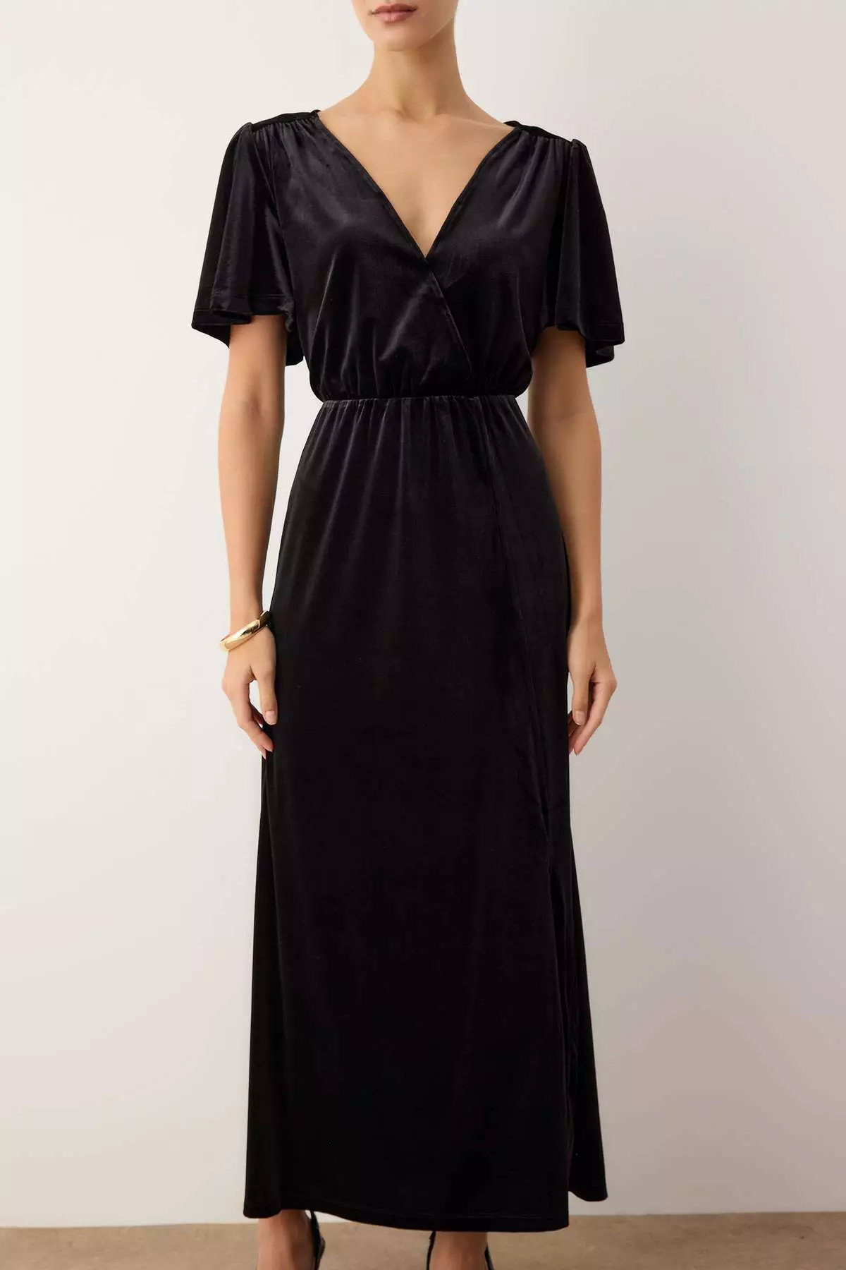 Black Velvet Double Breasted V-Neck Handkerchief Sleeve Plain Midi Knitted Dress Twoaw26El49
