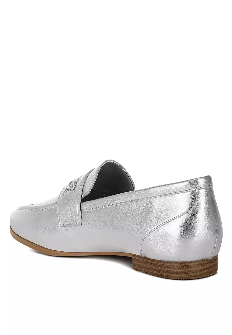 Rhinestone Strap Metallic Loafers in Silver