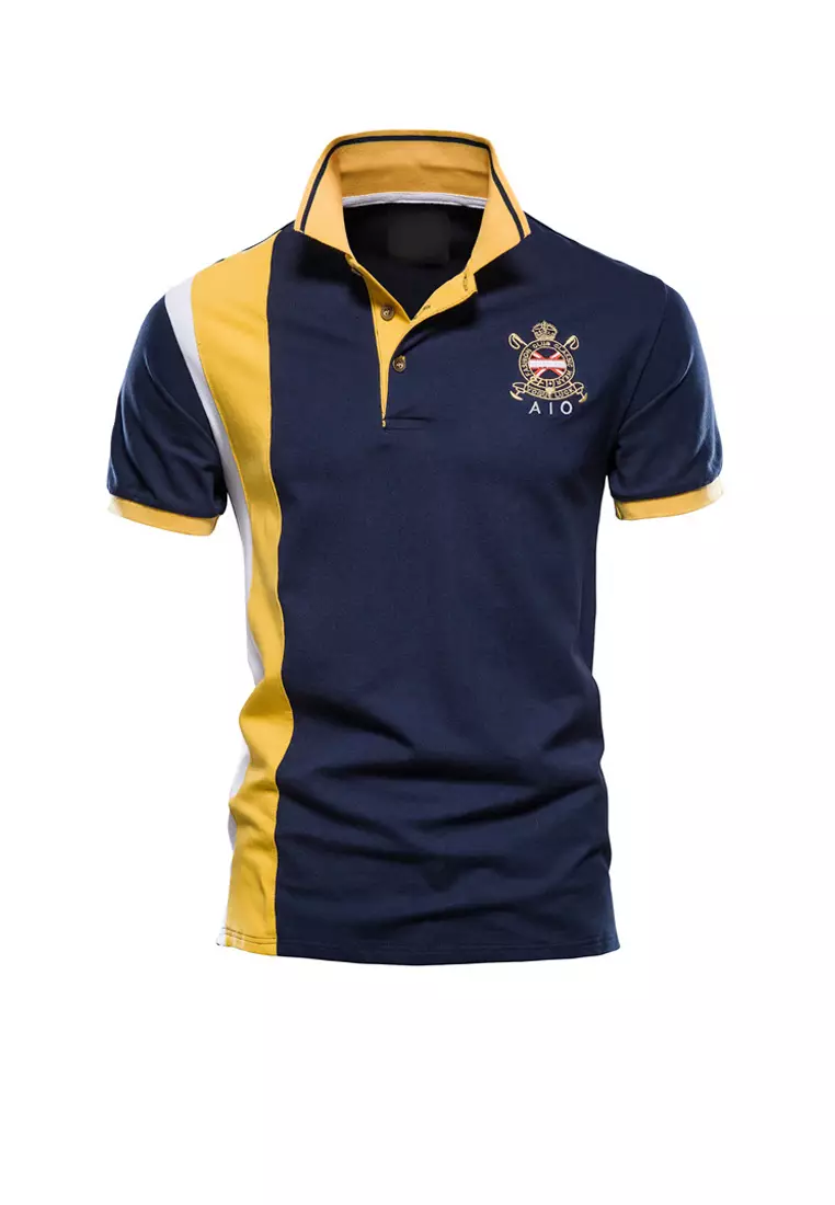 navy blue and yellow polo shirt