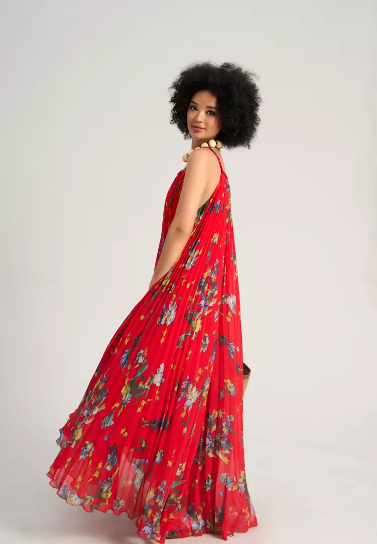 純紅色雪紡長連身裙