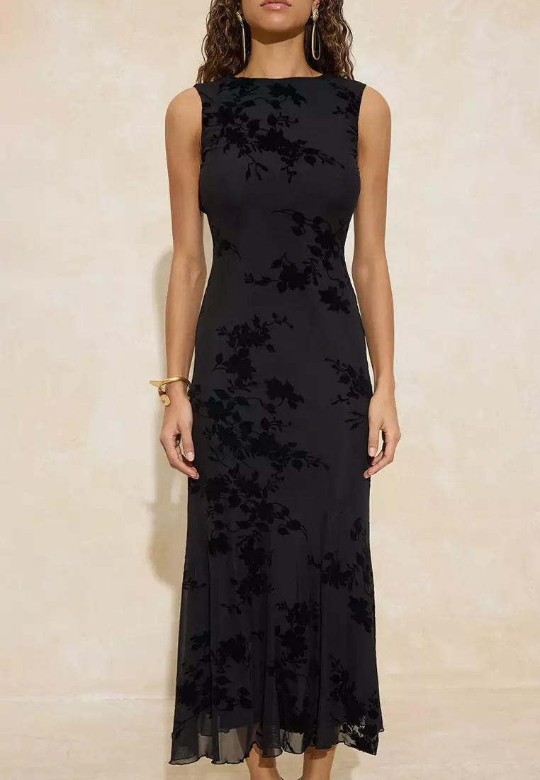 Black Floral Patterned Flock Tulle Lined Maxi Dress Tprss26El19