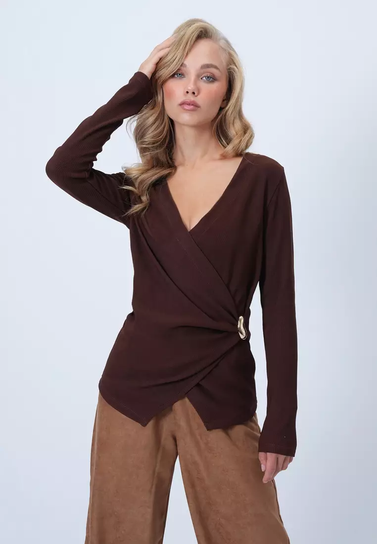 Double-Breasted V-Neck Brooch Detailed Blouse
