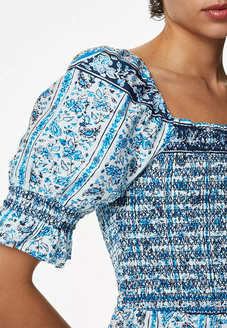 Pure Cotton Printed Square Neck Midi Dress