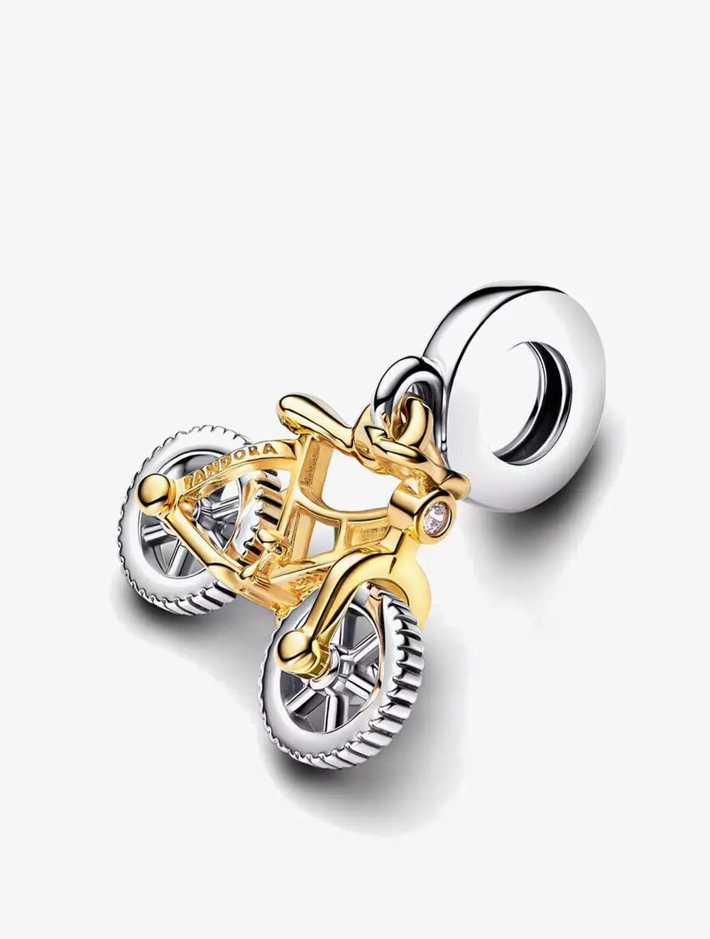 Moveable bike sterling silver and 14k gold-plated dangle with clear cubic zirconia