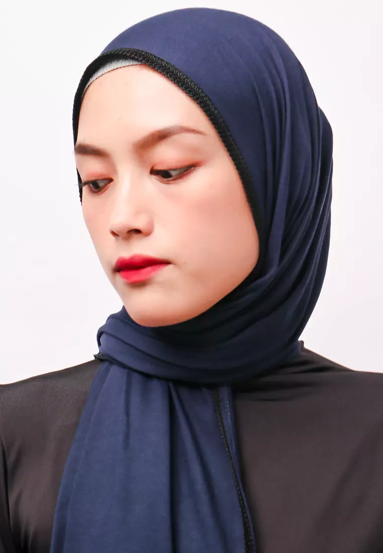 DH065 Lace Hitam Hijab Pashmina Navy