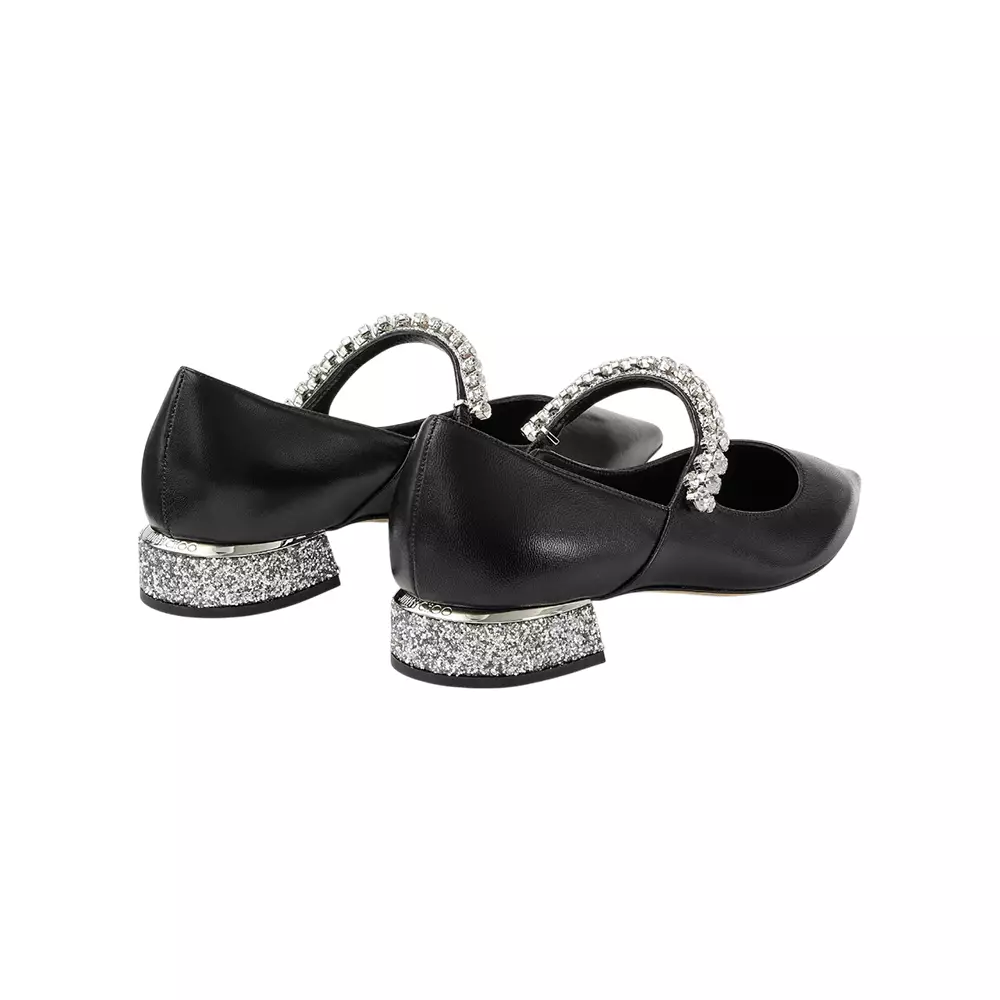 Bing 25 Crystal Strap Nappa Leather Flat Pumps Black Silver