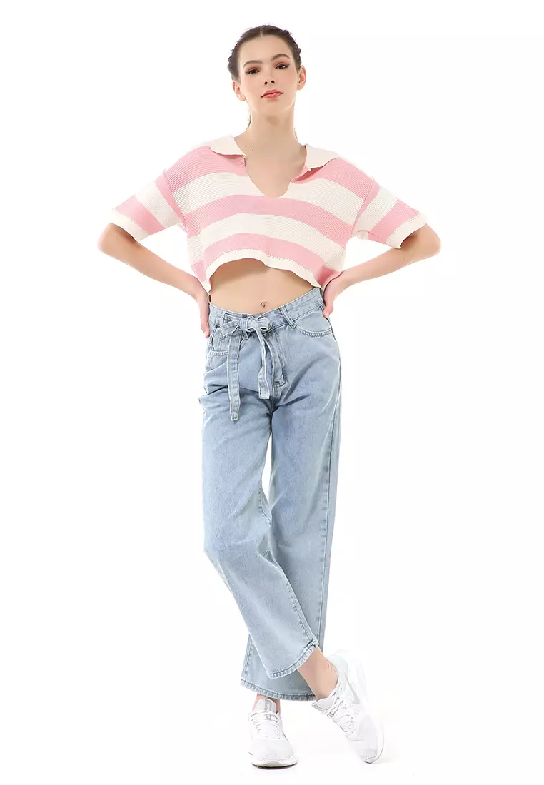 Albertine Atasan Crop Wanita Lengan Pendek Motif Salur Material Rajut ORIGINAL - Pink