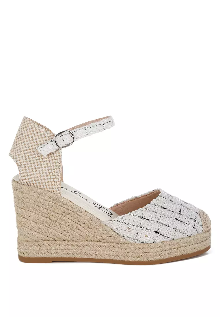 Discount on London Rag  shoes - SKU: Tweed Round Toe Woven Wedges In White