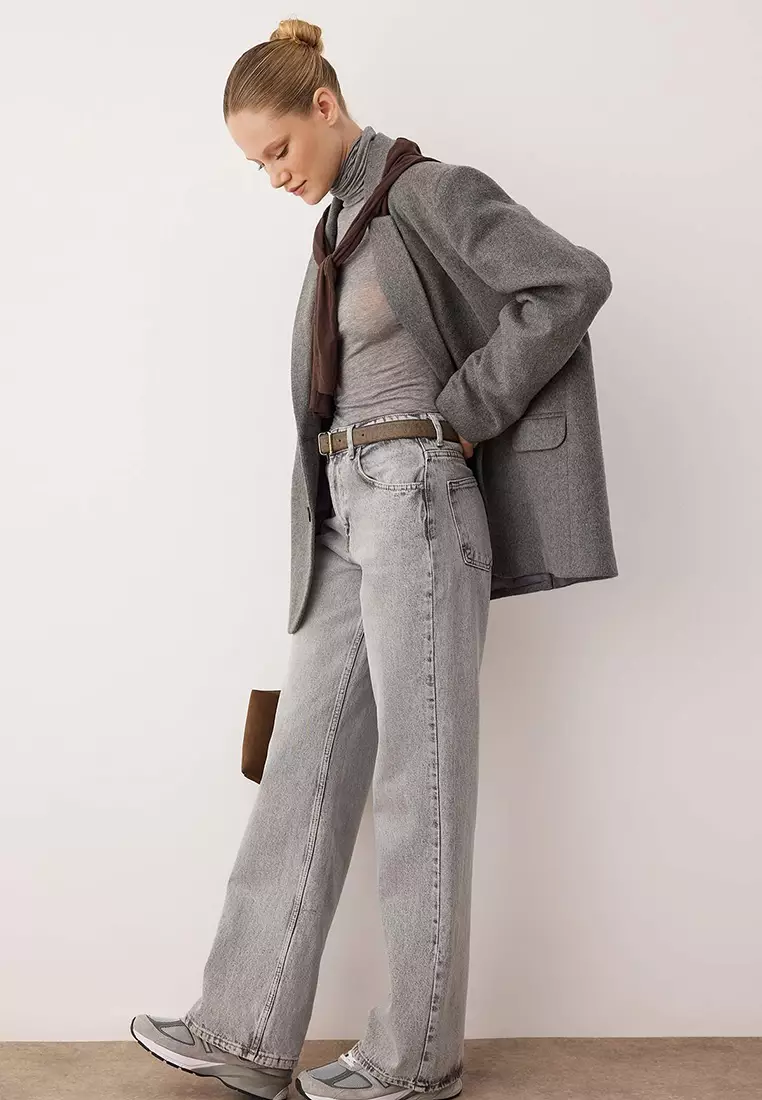 Gray High Waist Wide Leg Wide Leg 1% Cotton Non-Stretch Jeans Twoss25Je172