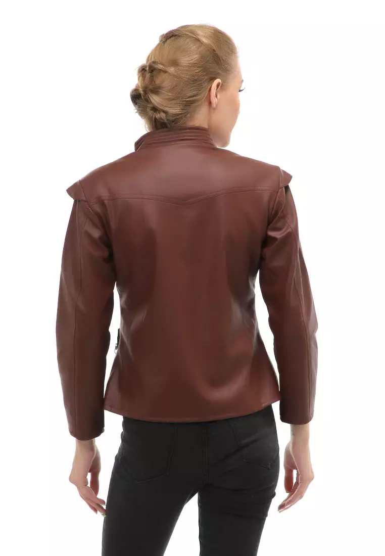 Glenice Jacket Kulit Casual Wanita Zipper Pocket Material Leather ORIGINAL - Brown