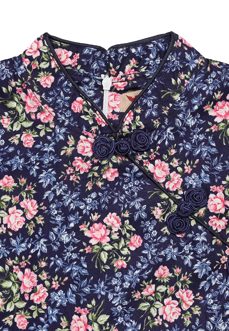 Dress Anak Perempuan Kerah Mandarin Bunga Navy - CUTE