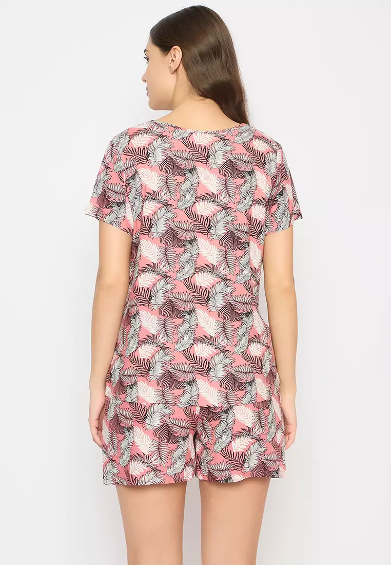 Clovia Leaf Print Top & Shorts Set in Dusty Pink- Rayon