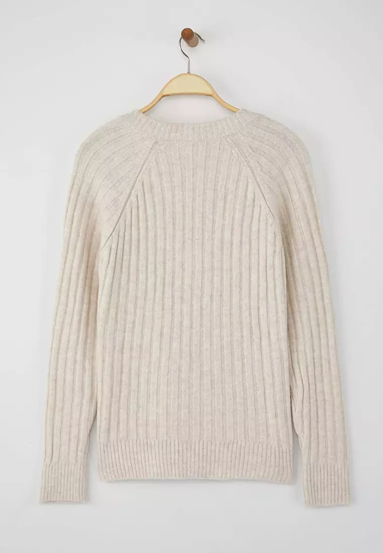Wardrobe Essentials Stone Soft Textured Ribbed Knit Sweater