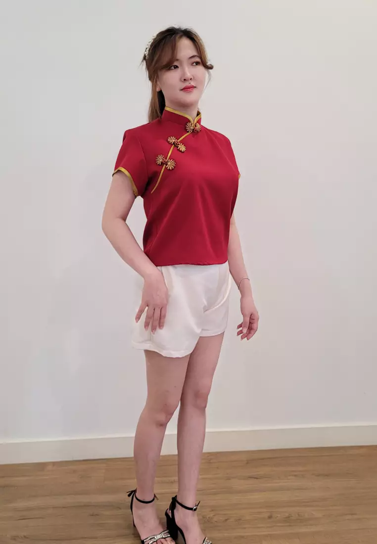 Ivory Cheongsam Cap Sleeves Top Red Maroon