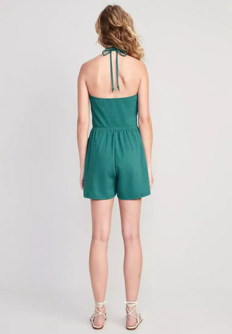 Textured O-Ring Halter Romper For Women 3.5-inch Inseam