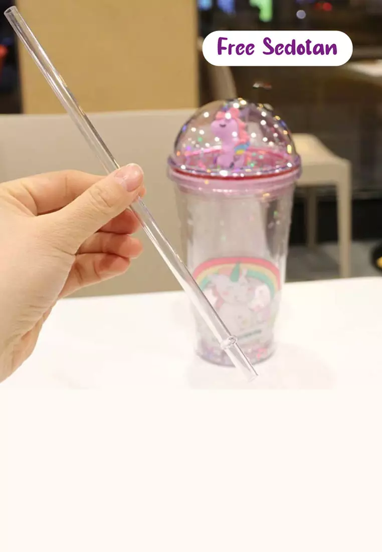 Wakakids Gelas Tumbler Cup Glitter Funny Dino Botol Minum Aesthetic Lucu Free Sedotan 450ML Merah