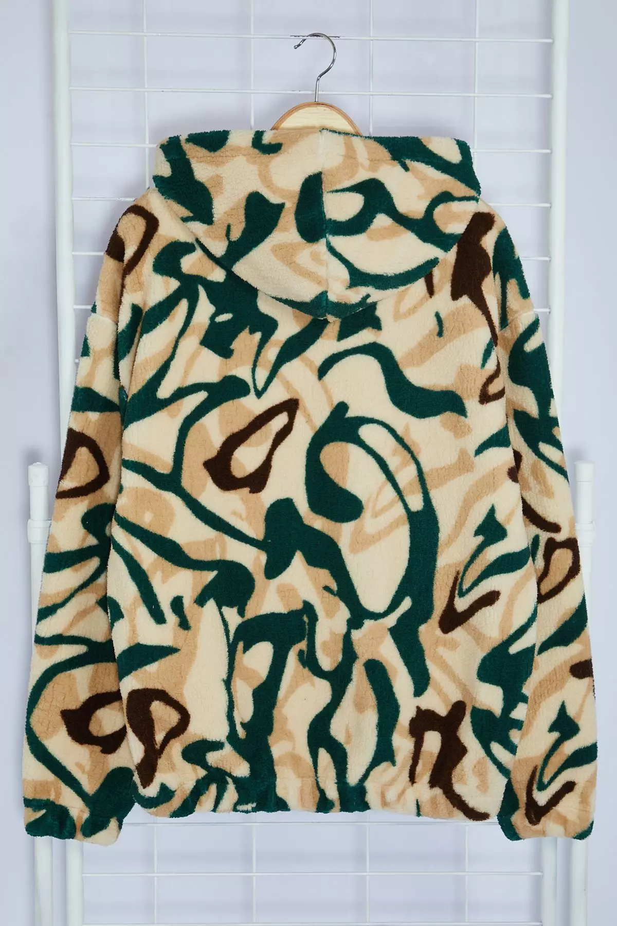 Multicolored Unisex Oversize/Wide Cut Patterned Sherpa Fleece/Plush Hooded Sweatshirt TMNAW25SW00147