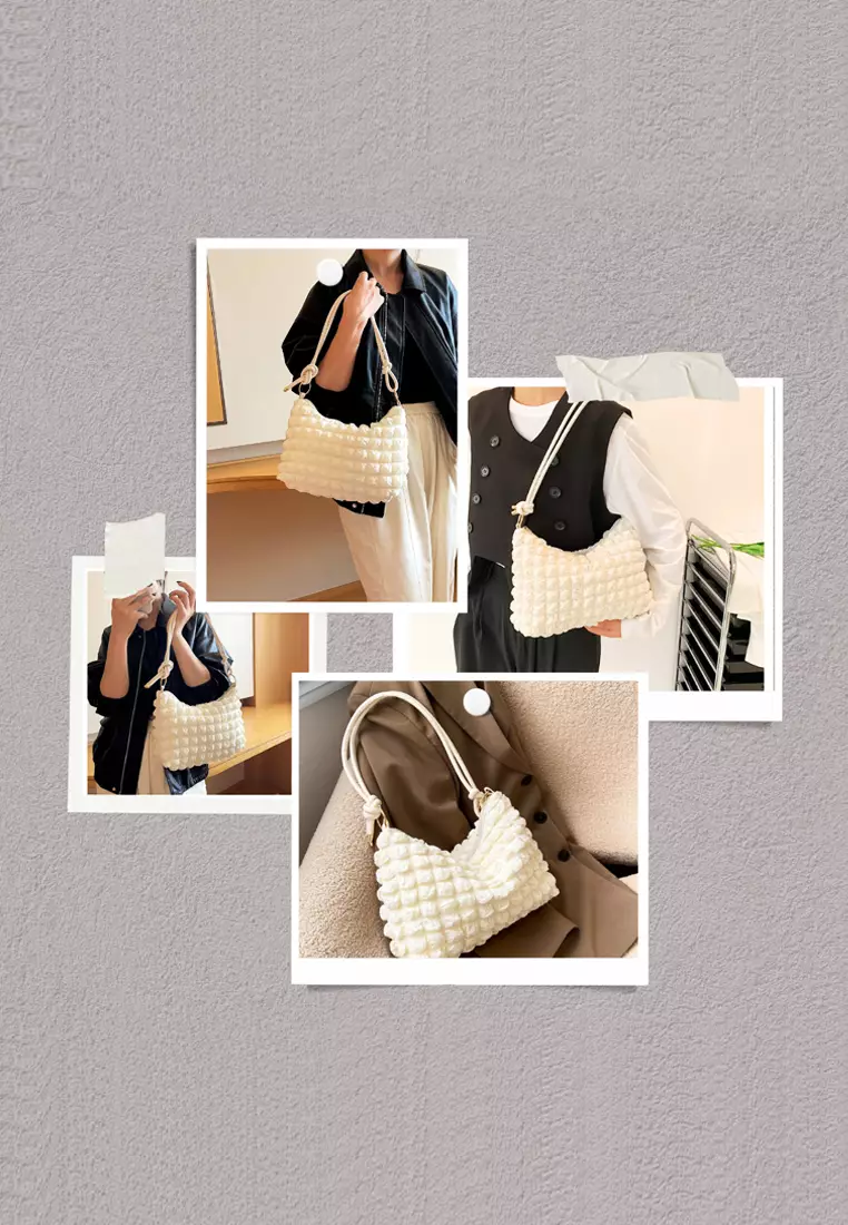 Tas Wanita Bahu Shoulder Bag Import Fashion Korea Tote Bag Minimalist Zipper Texture Baguette Bag Venrc Putih