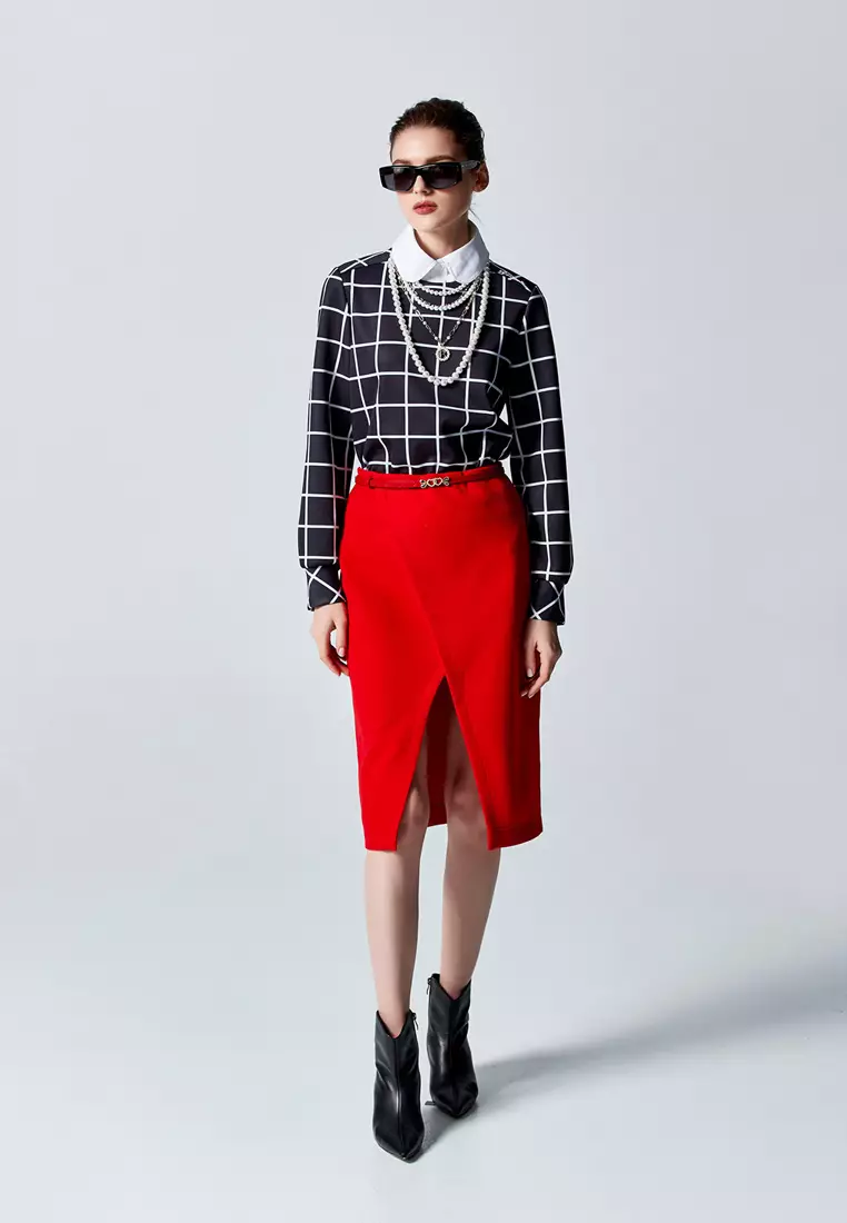 Long Sleeve Checkered Top With Detachable Collar
