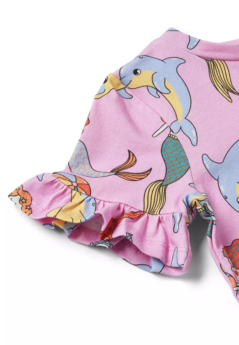 Short-sleeved dress with mermaids and dolphins