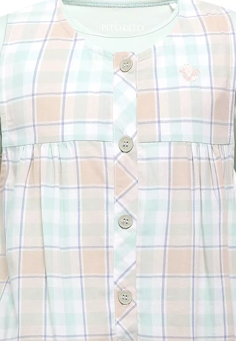 Pito Dito Girl Allepo Gamis Overall Anak Hijau Sage Motif Kotak - Size 4