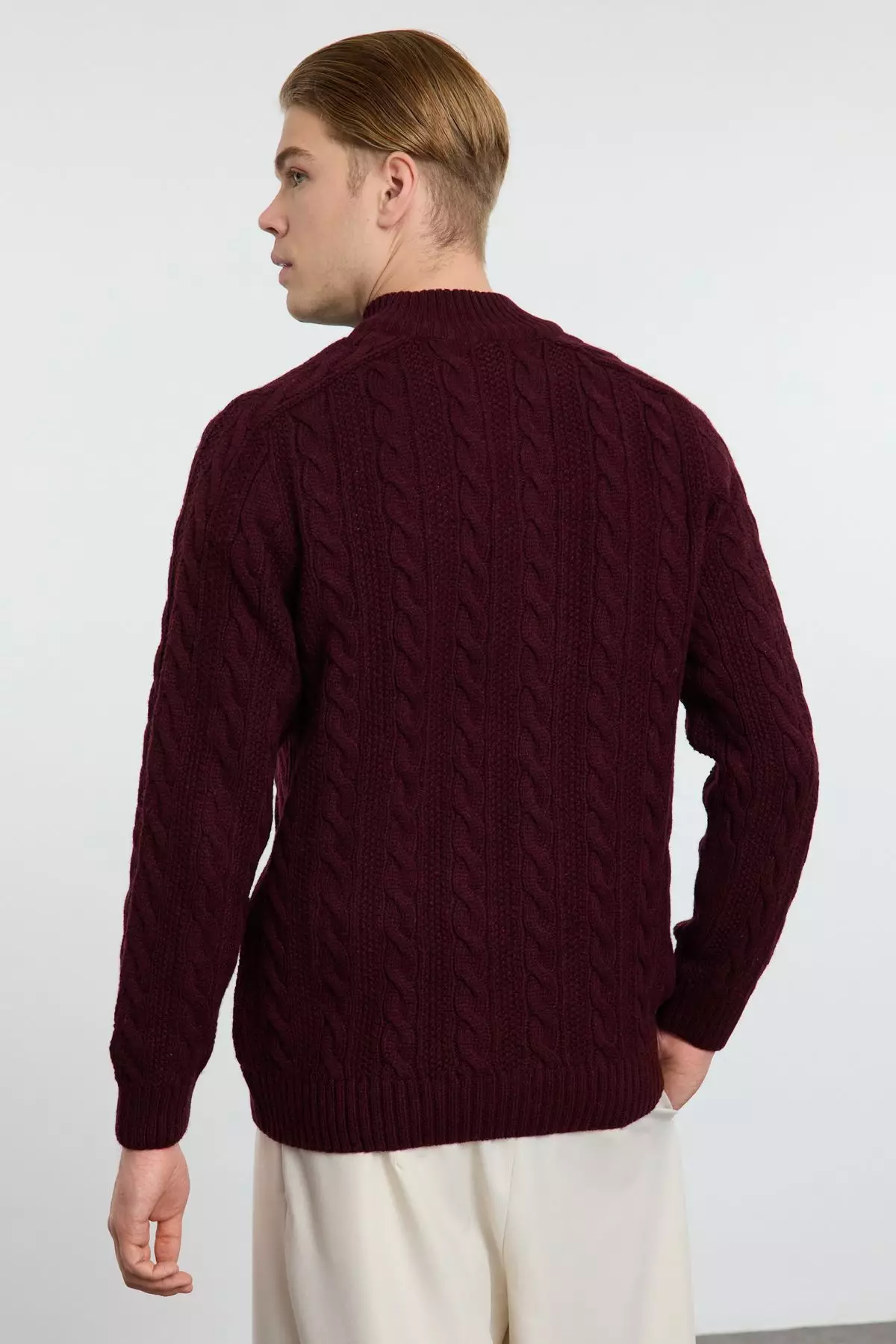 Claret Red Unisex Regular Fit Zippered Half Turtleneck Knit Sweater TMNAW21KZ0737