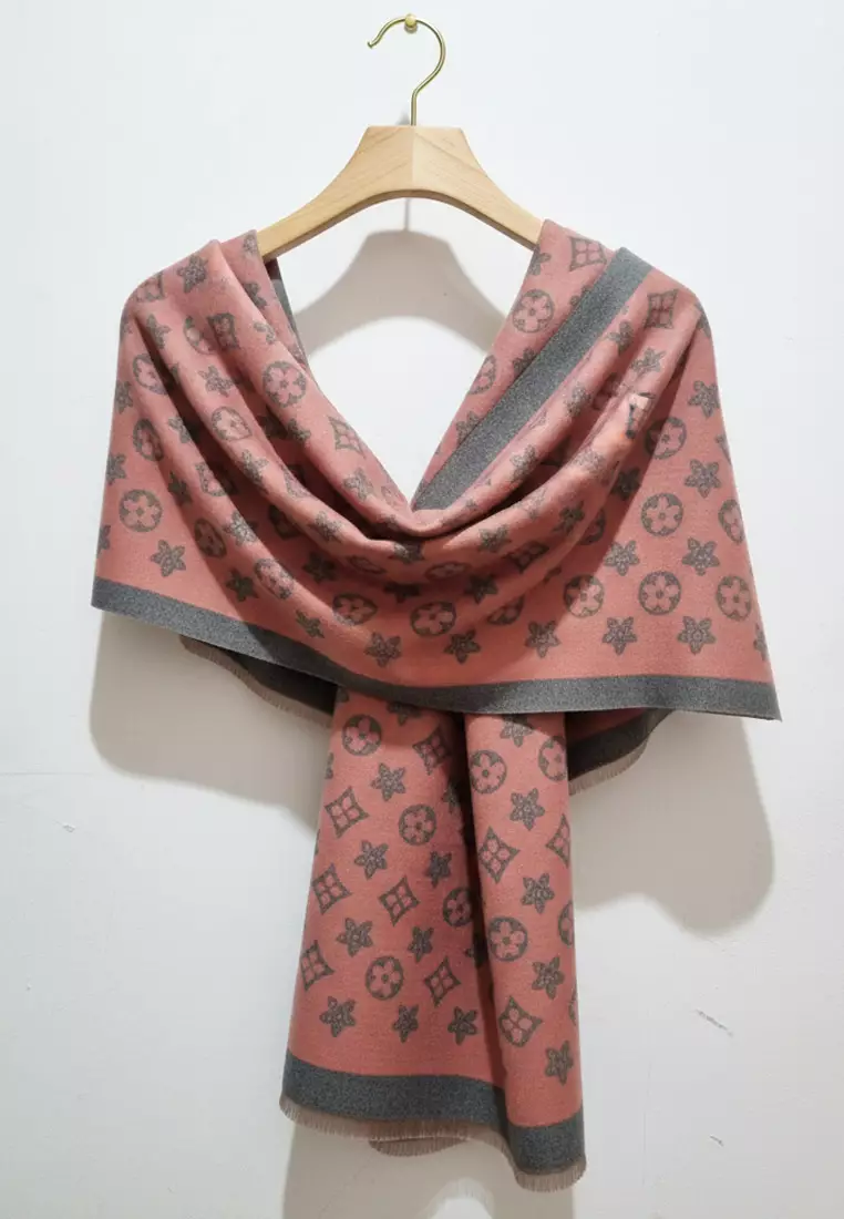 Syal Wanita Reversible Monochrome Pattern Soft Cashmere & Viscose Pashmina Shawl Peachy Pink & Grey