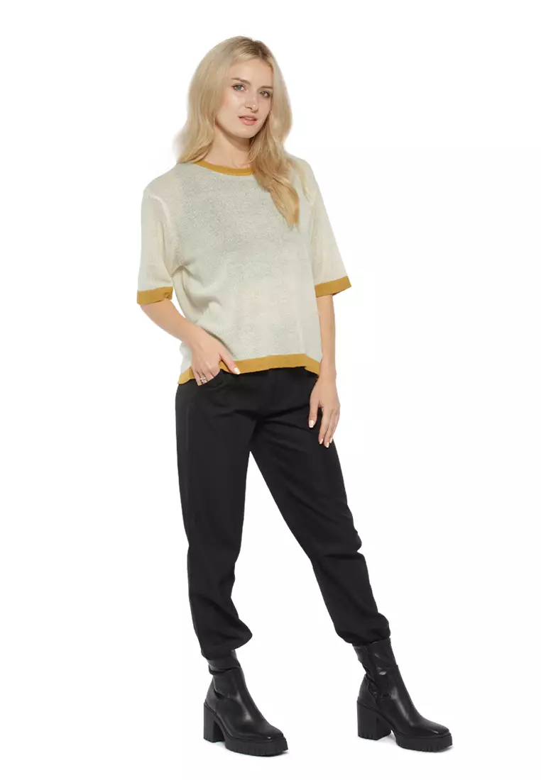 Yellow Contrast Neck and Sleeve Rib T-Shirt