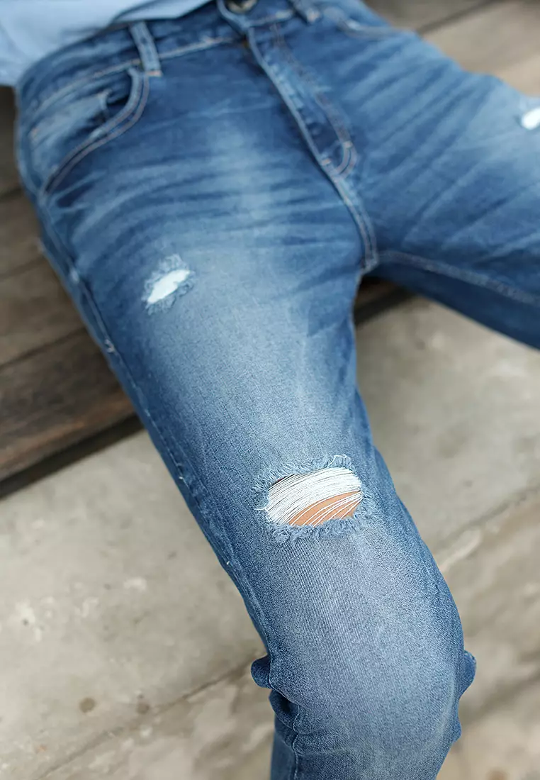 Skinny Ripped Jeans Stretch Dark Blue OXCON