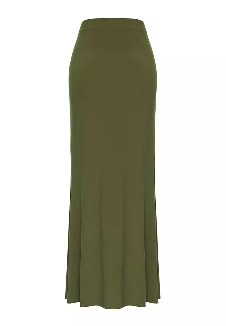Limited Edition Khaki Fitted Accessory Detailed Knitted Long Skirt  TPRSS25ET00004