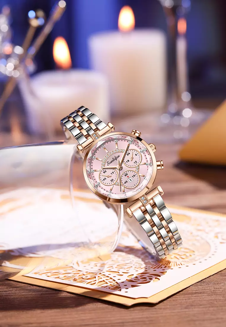 Jam Tangan Wanita Original B005 Kalendar Anti Air Berlian Kuarsa Tali Stainless Steel Jam Tangan Cewek rosepink