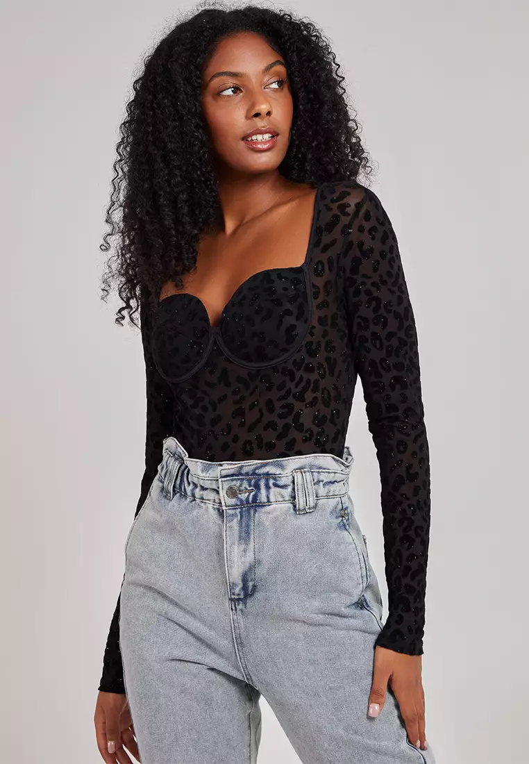 Pink Vanilla Black Long Sleeve Leopard Bustier Bodysuit