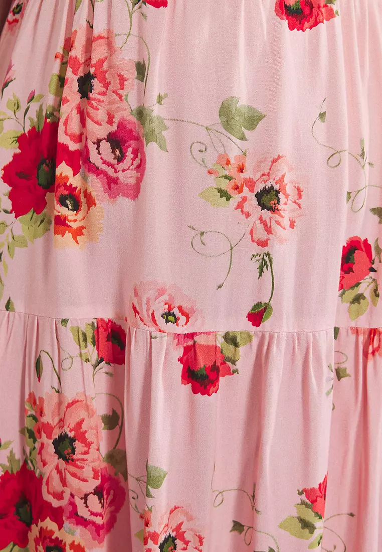 Pink Floral Strappy Midi Summer Woven Plus Size Dress Tbbss25Ah00104