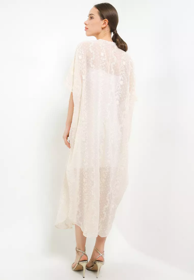 Embellished V Neck Emb Swissdot Chiffon Kaftan