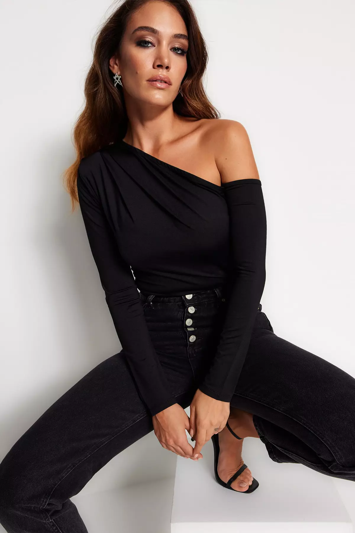 Asymmetrical Collar Knitted Bodysuit