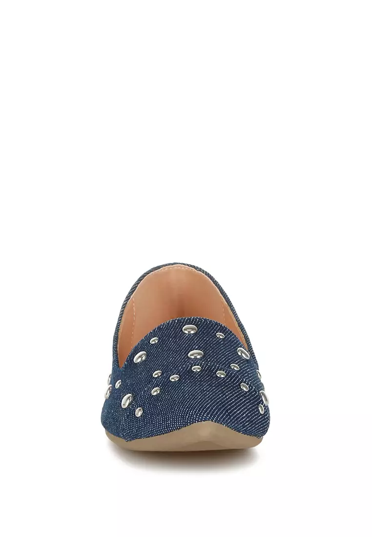 Stud Embellished Ballet Flats in Denim