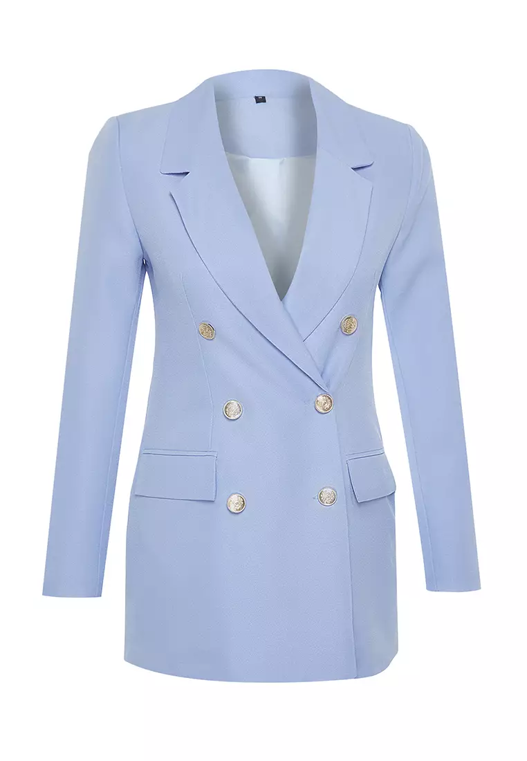 Light Blue Oversize Lined Double Breasted Closure Blazer Jacket