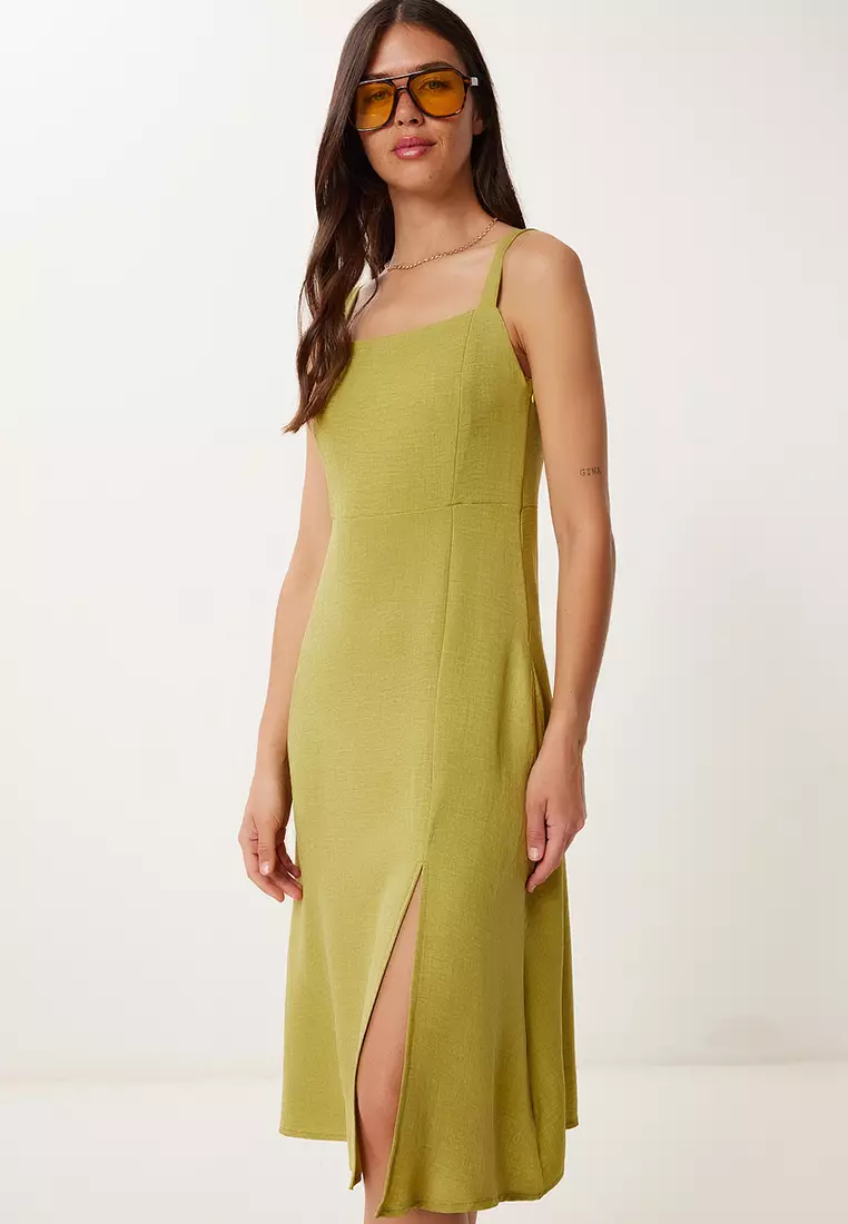 Women's Oil Green Strap Linen Blend Summer Woven Dress Zh00053