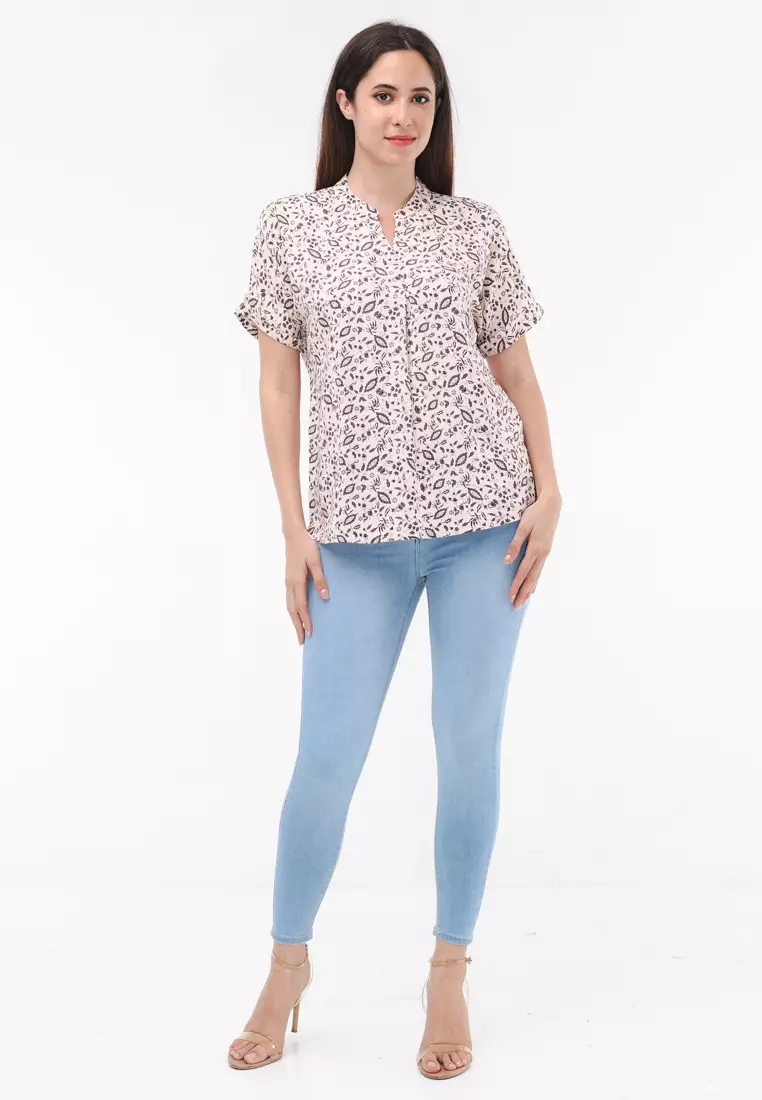 Woven Printed Soft Linen Short Sleeve Blouse