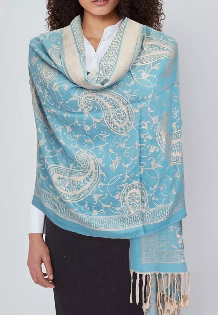 Reversible Viscose Paisley Pattern Pashmina Shawl Syal Wanita Sky Blue & Beige