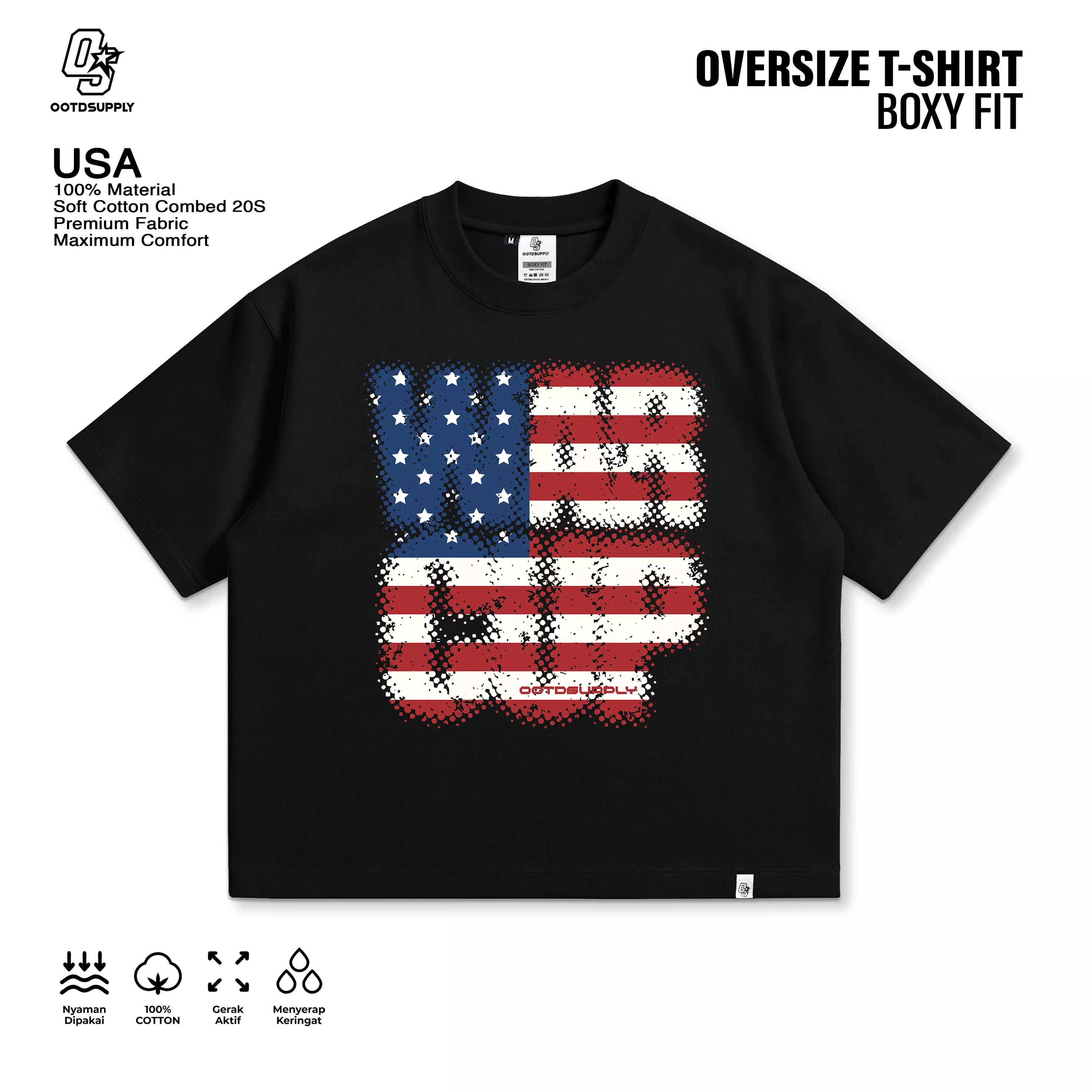 Jual ootdsupply OOTDSUPPLY Boxy Fit Oversize USA Black | 20s Boxy World ...