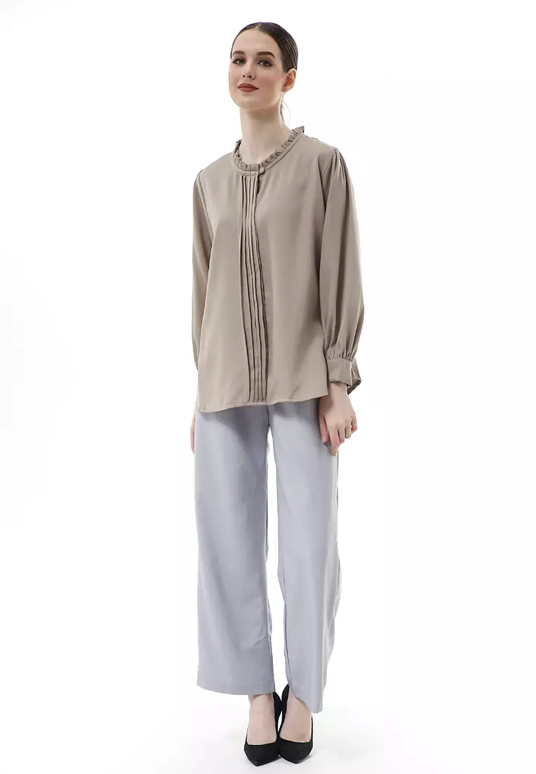 Vionka Kemeja Atasan Wanita Opnaisel Motif Polos - Charcoal