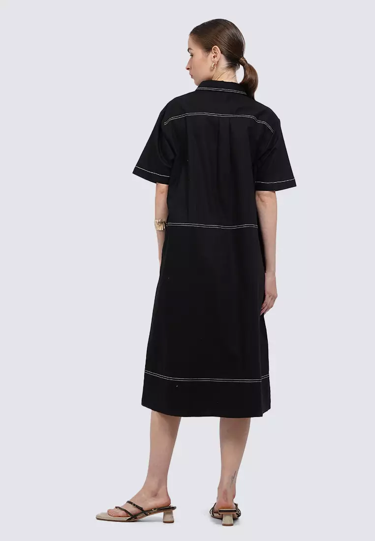 Contrast Stitch Midi Dress BLACK