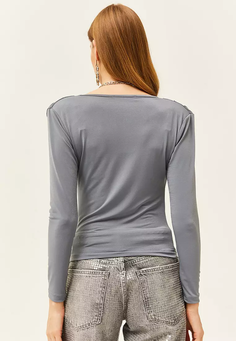 Cowl Neck Long Sleeves Ruched Top