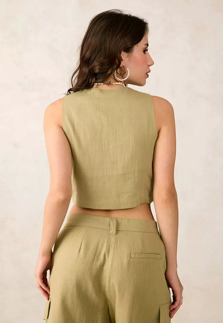 VIRGIO Linen Olive Rose Embroidered Vest