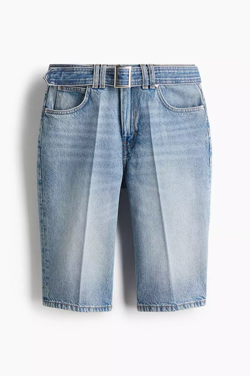 Belted denim Bermuda shorts