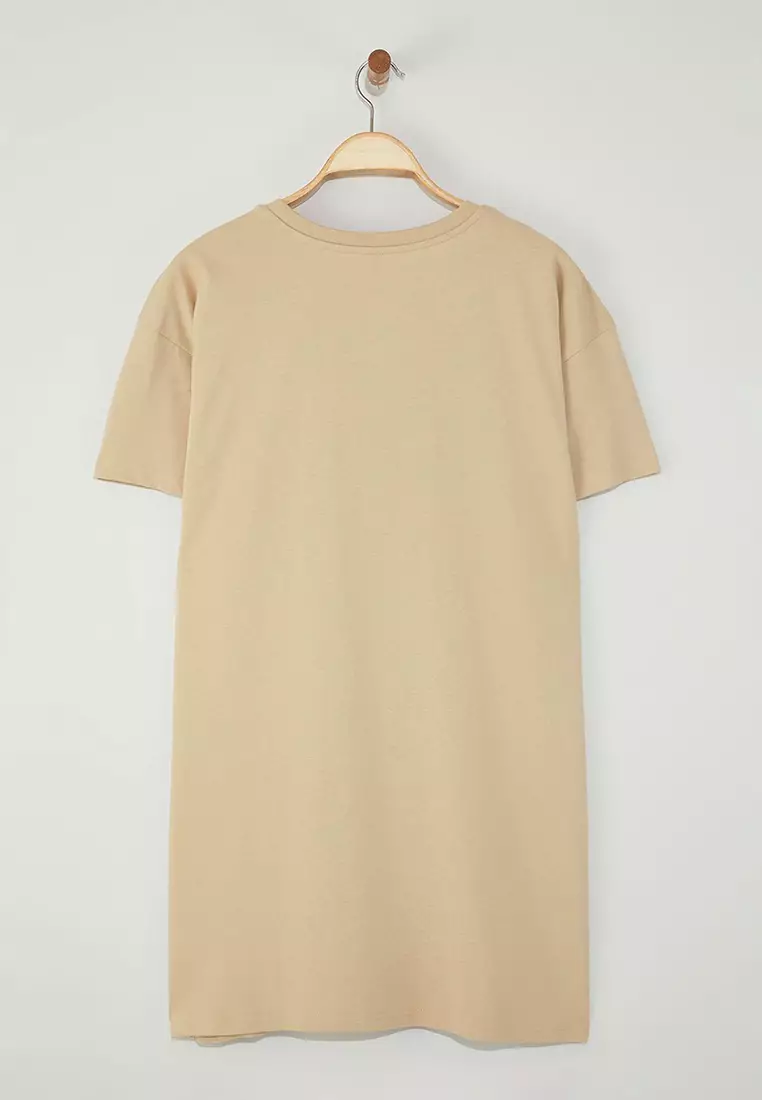 Beige Crew Neck Stoned Plus Size Knitted Dress Tbbss25Ah00057
