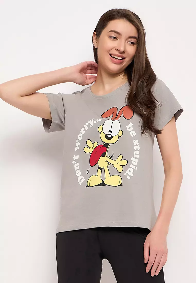 Clovia Garfield Print T-shirt in Light Grey - 100% Cotton