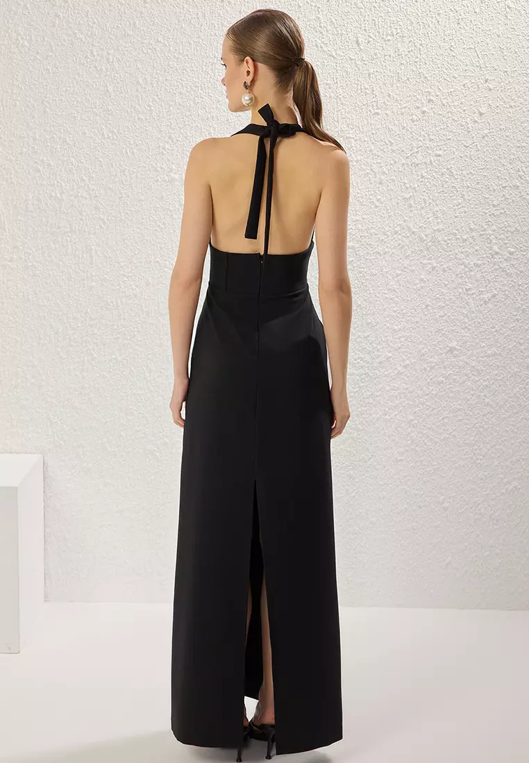 Black V Neck Piping Woven Long Elegant Evening Night Graduation Dress TPRSS25AE00136